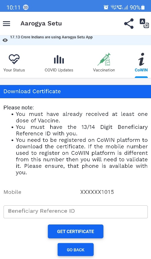 Aarogya Setu Certificate link jpg