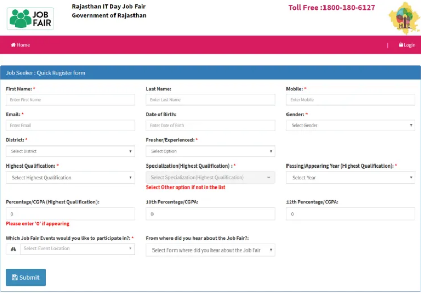 Rajasthan Rojgar Mela Quick Registration Form